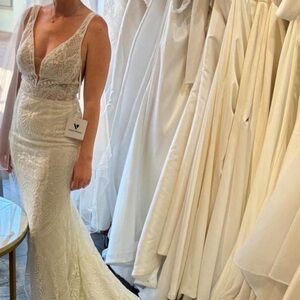 Lace Embellished Deep V Wedding Dress - White